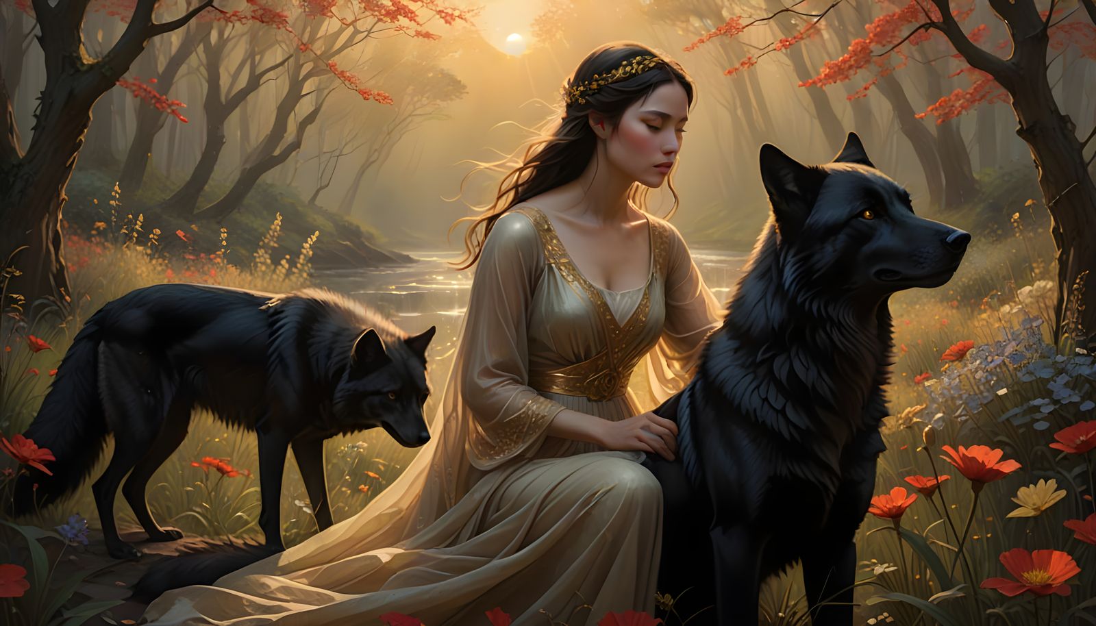 A Serene Dark-Haired Woman Embraced by Golden Light and Natu...