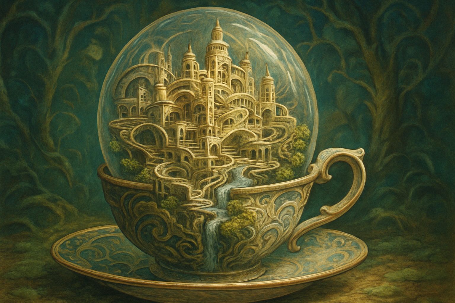 Fantastical Miniature City in Marble Teacup