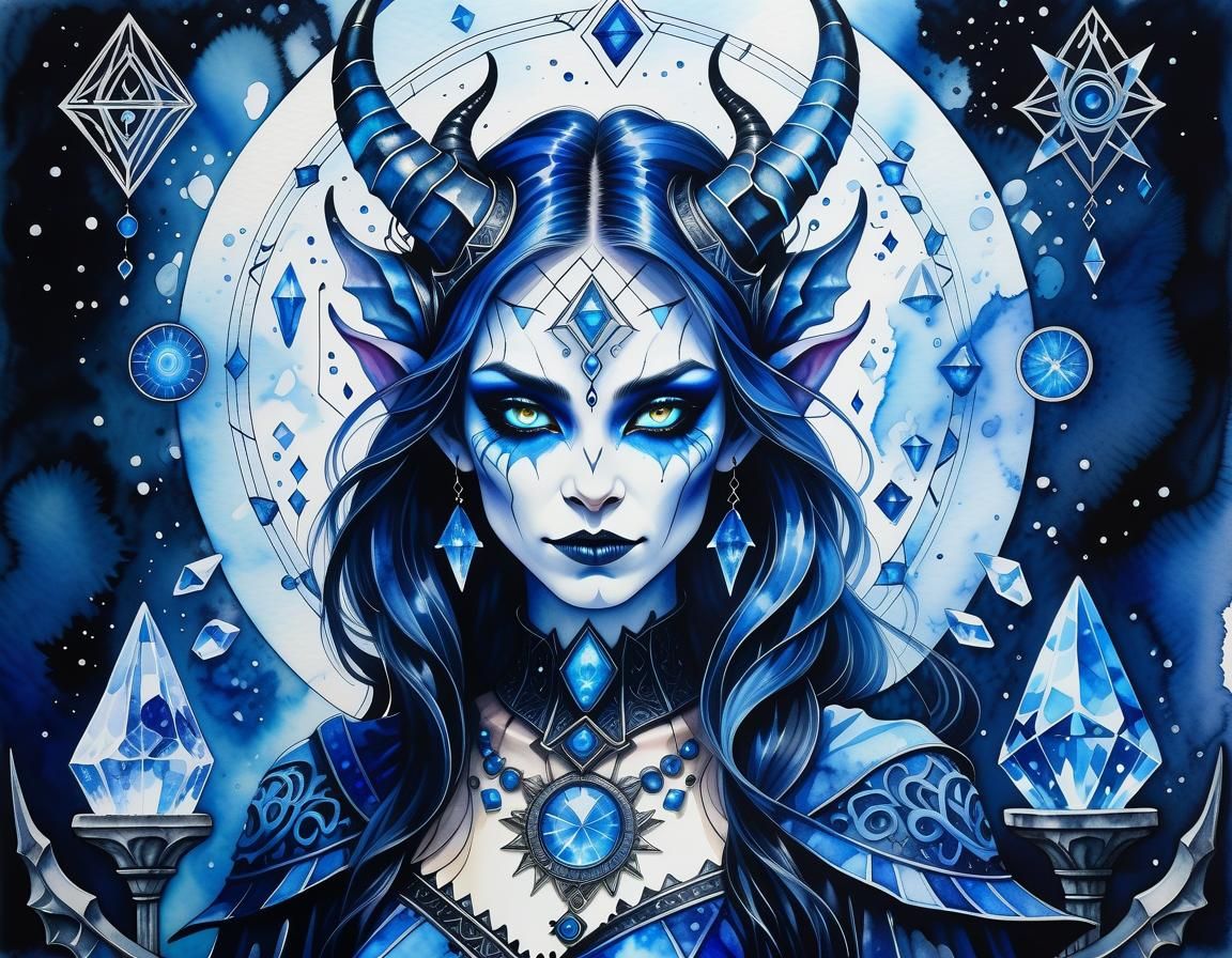 Gothic Demoness Surrounded by Crystals in Watercolour