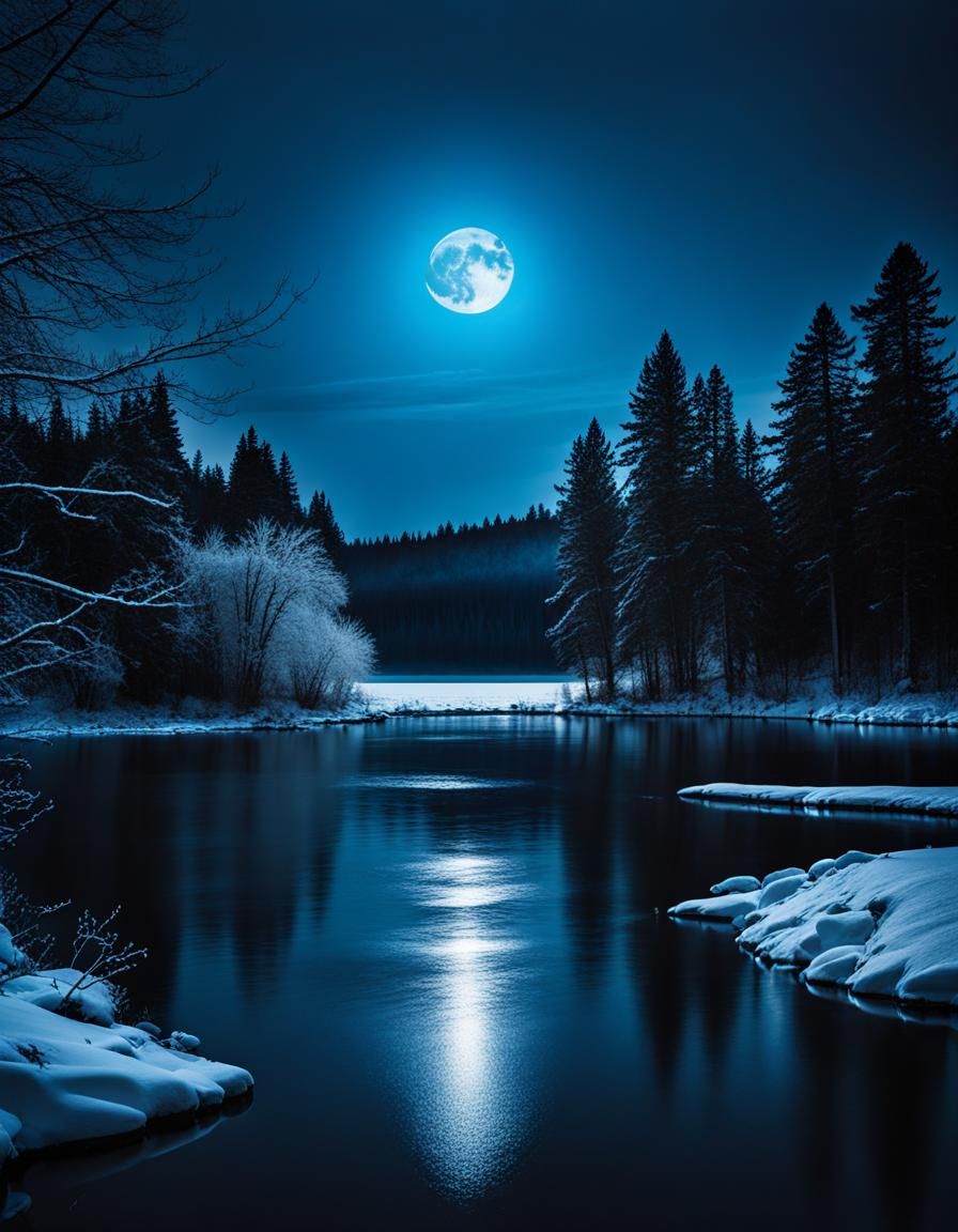 Winter Lake Under a Dark Blue Moonlit Sky