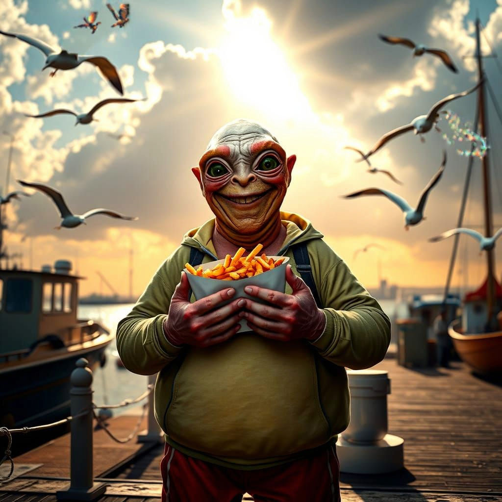 Overweight Alien Enjoys Fish and Chips at Harbour in Epic Di...