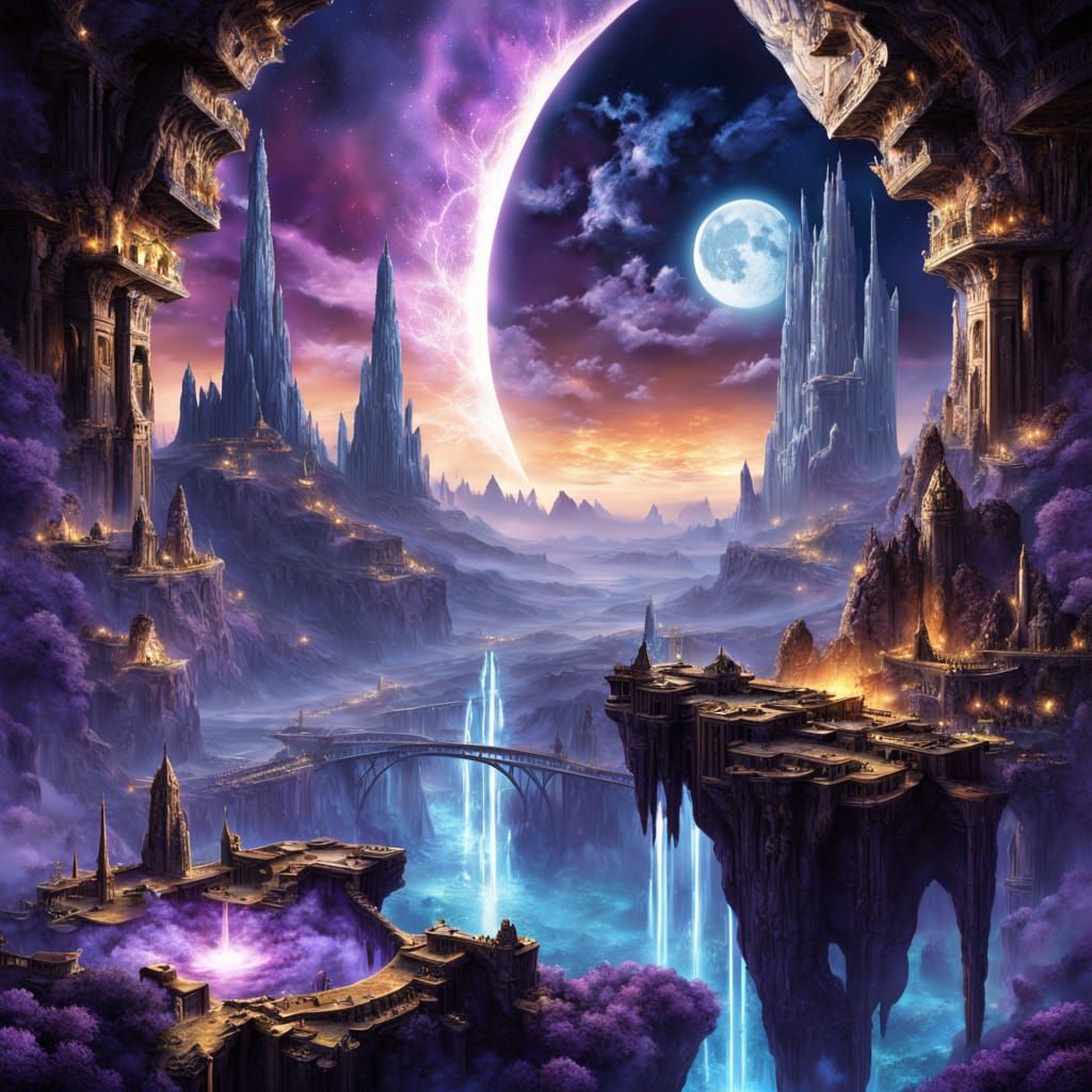 Celestial City on Crystalline Moon, Cosmic Fantasy Art