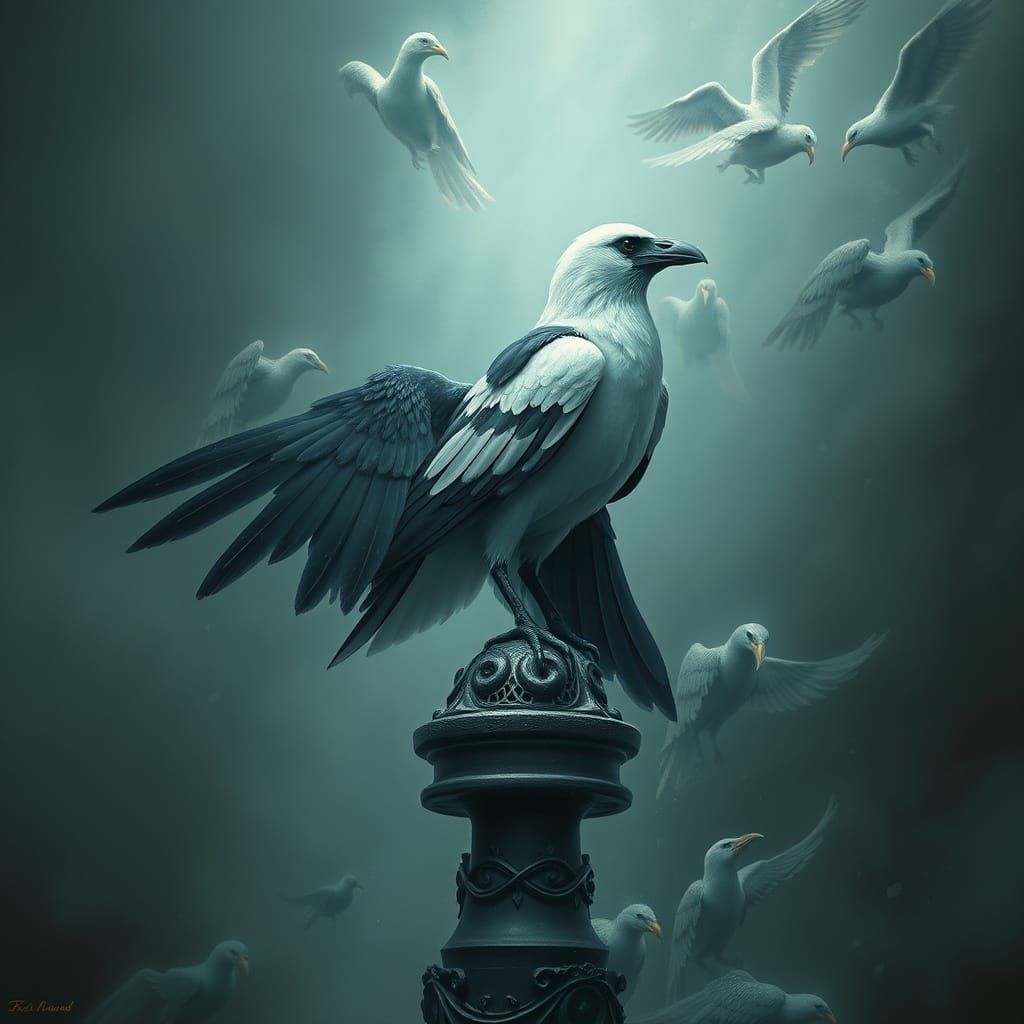 Black Crow on Mystical Pedestal in Matte Painting Style
