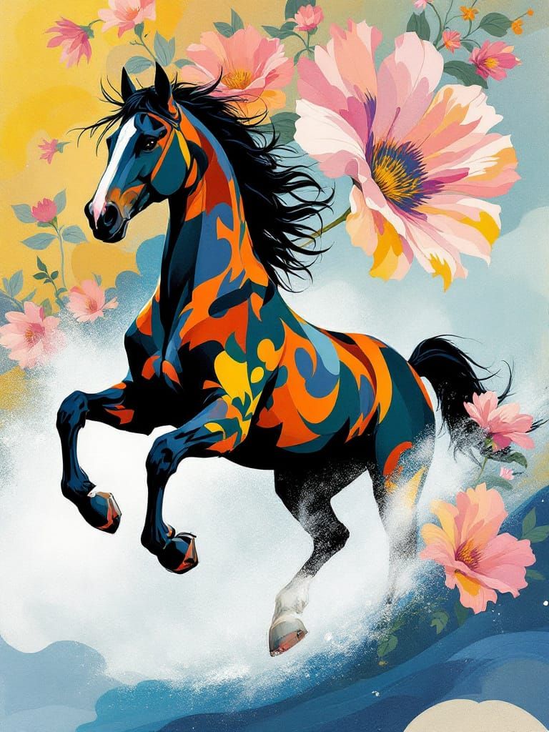 Fauvist Art Nouveau Horse with Bold Floral Patterns