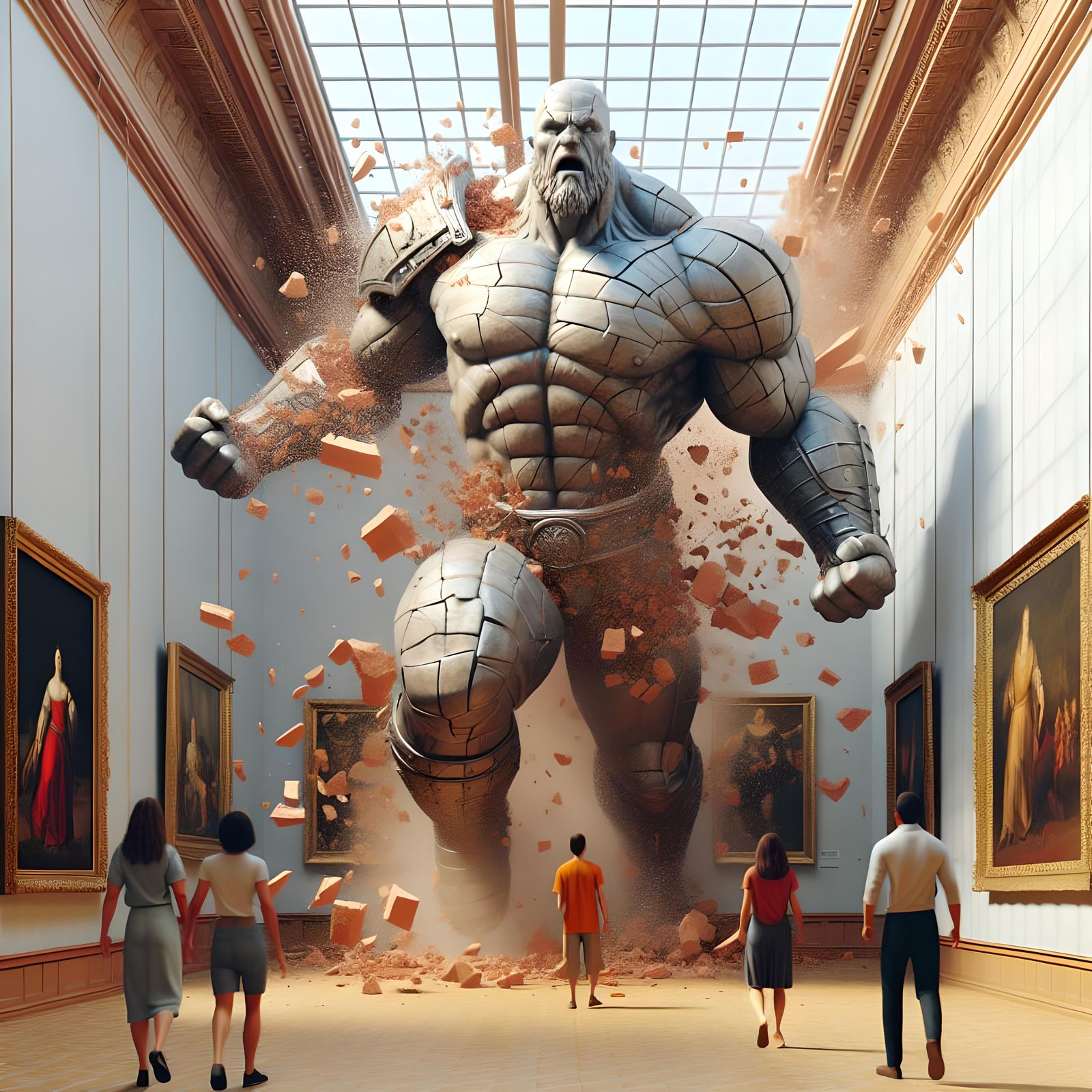 Medieval Knight Breaks Through Art Gallery Wall