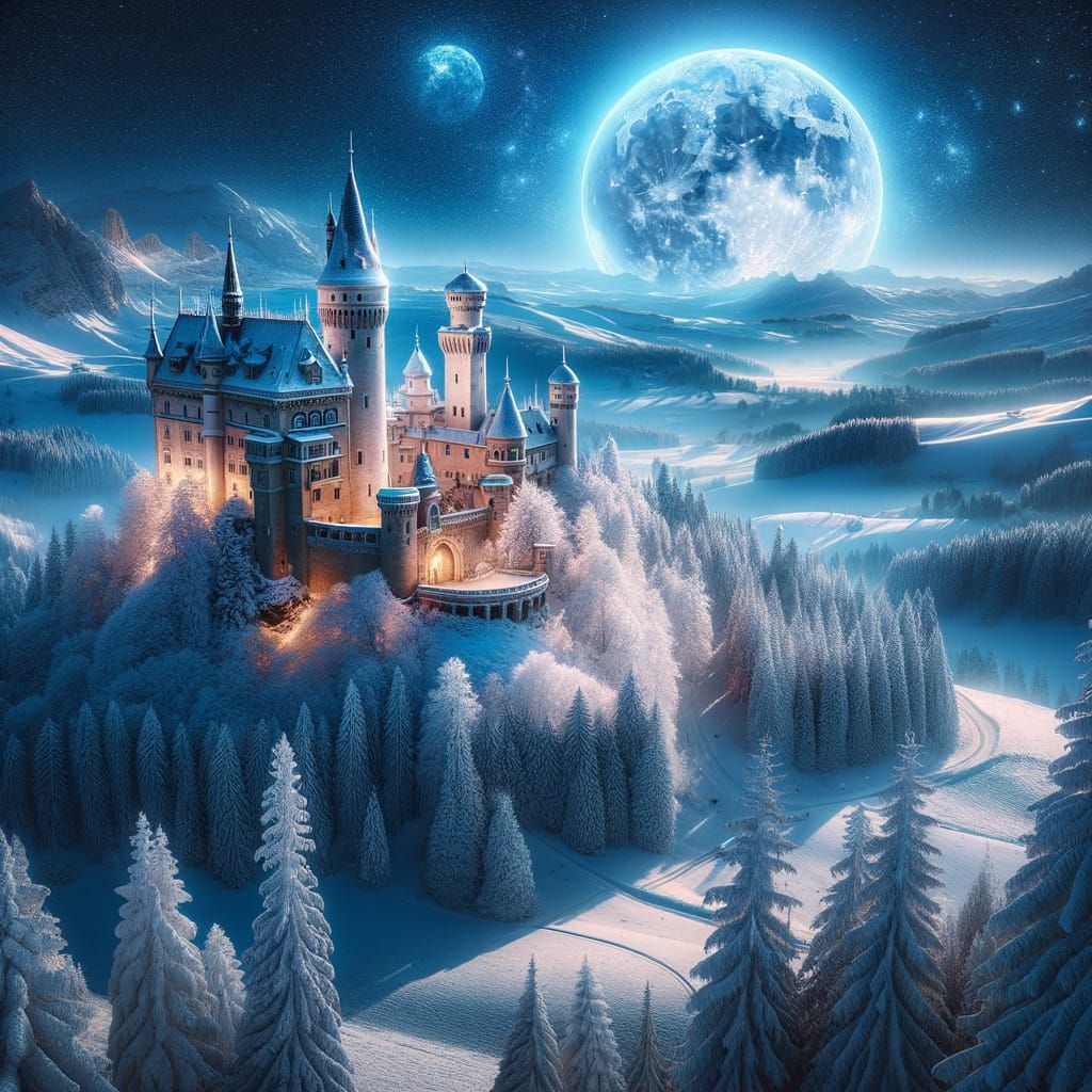 Snowy Castle Under Moonlight: A Winter Scene
