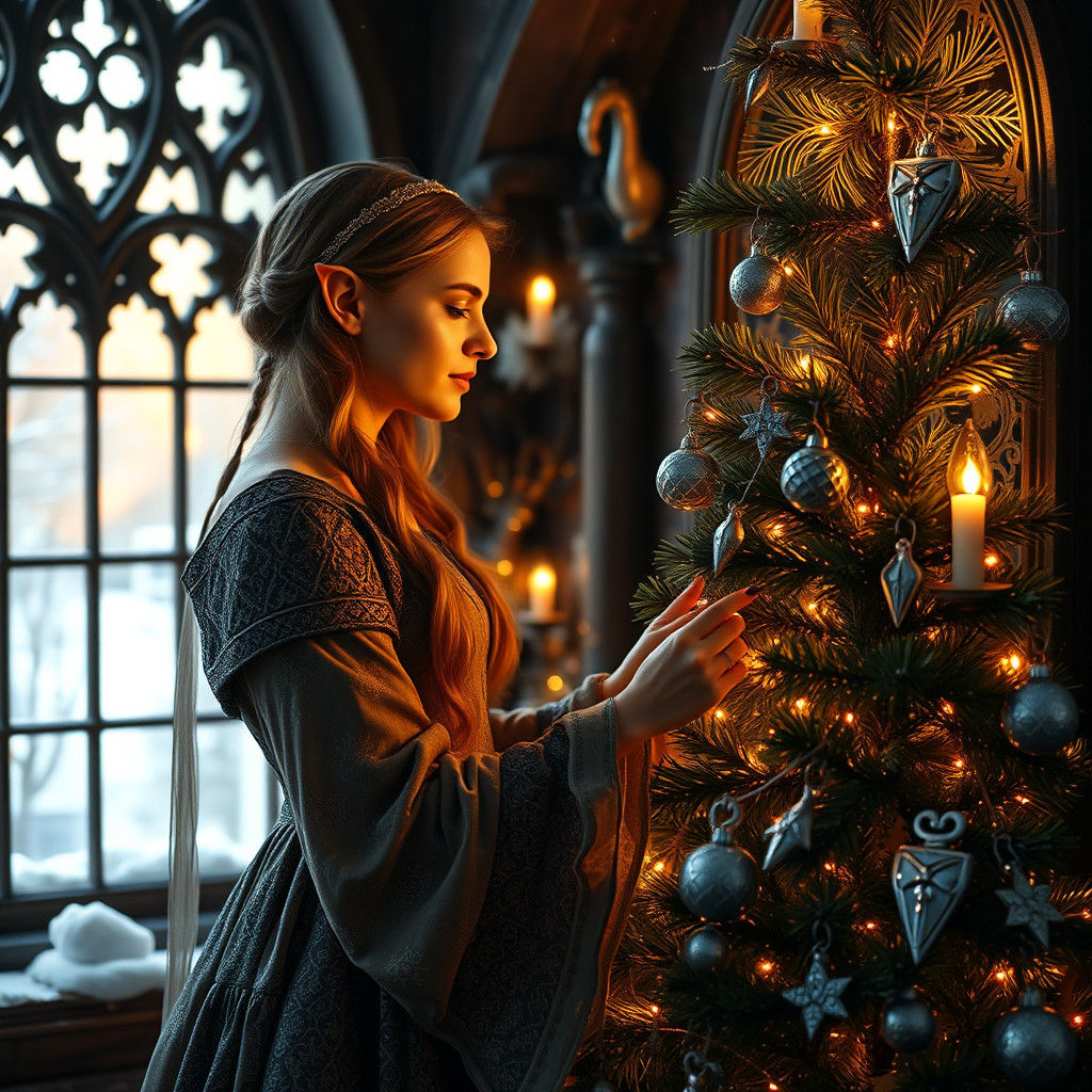 Festive Elf Decorates Christmas Tree in Medieval Home