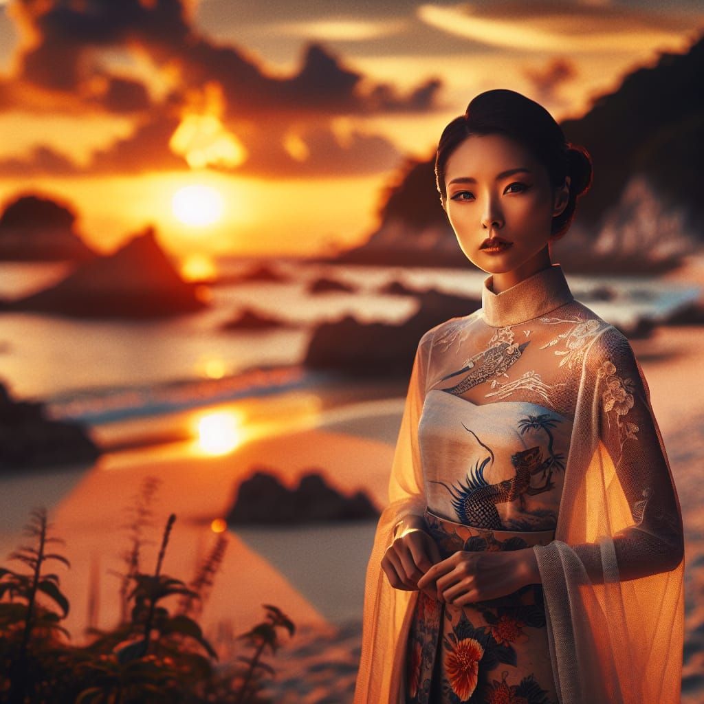 Japanese Woman in See-Through Dress at Sunset