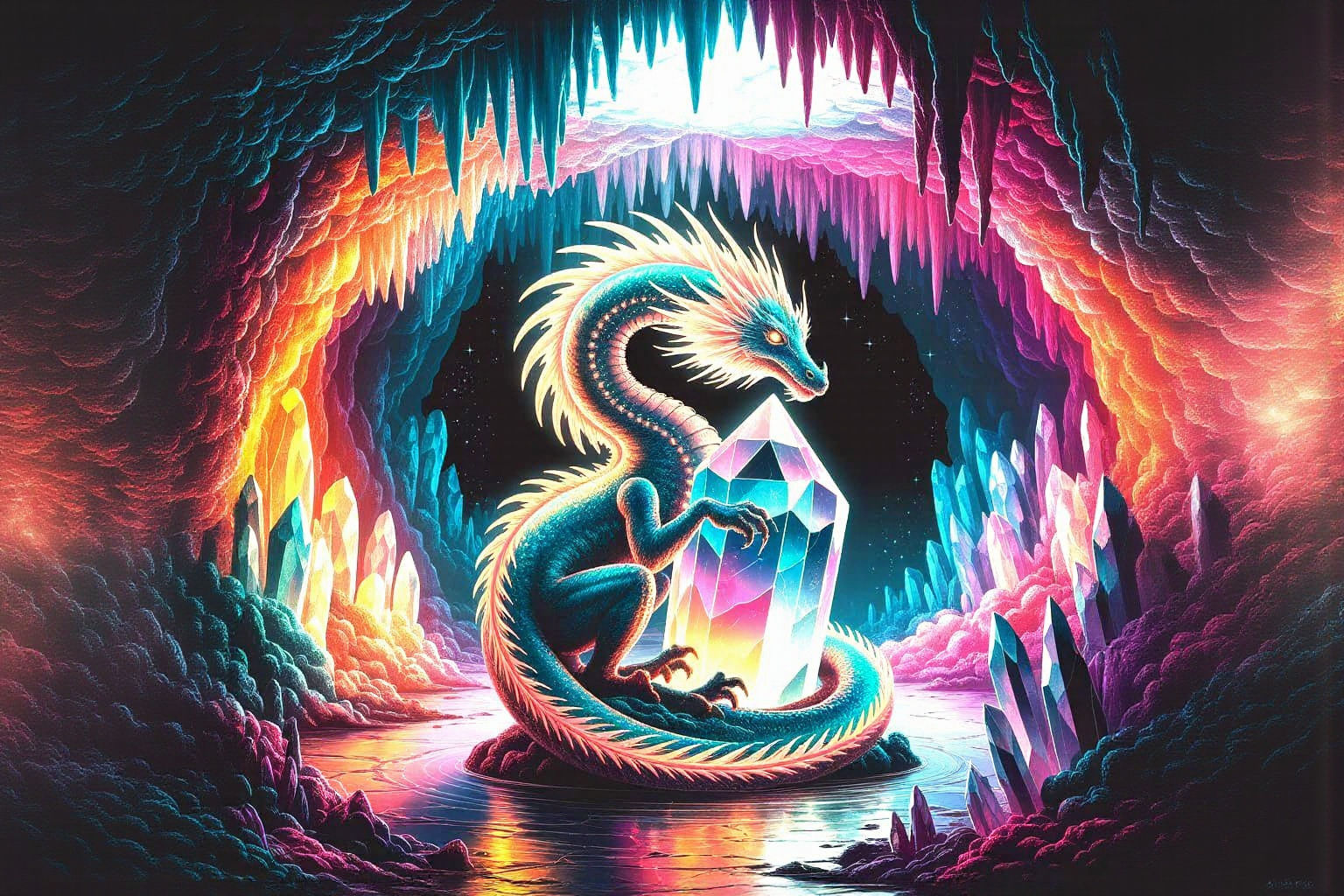 Bioluminescent Dragon in Crystal Cave, Art Nouveau Style