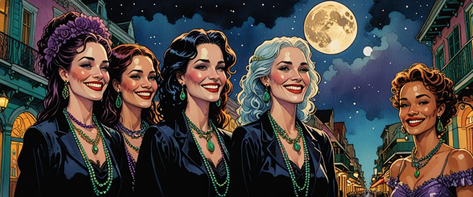 Goth Ladies in Mardi Gras Beads on Bourbon Street