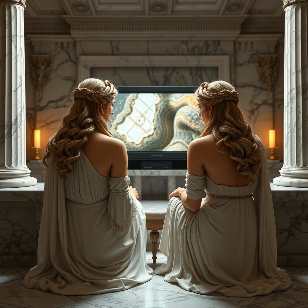 Two Greek Goddesses Watch TV in Ancient Greek Hyperrealism