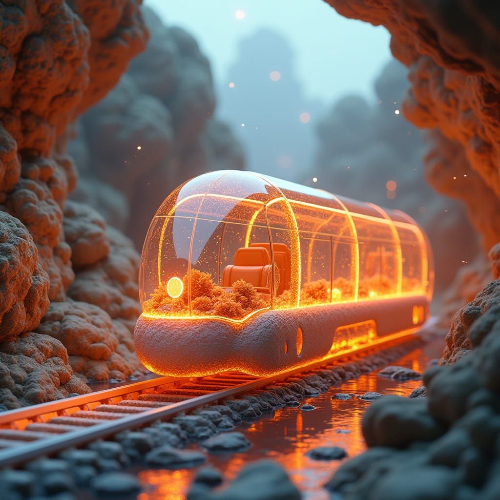 Magical, 3D-Rendered Dreamscape with Shimmering Glass Train