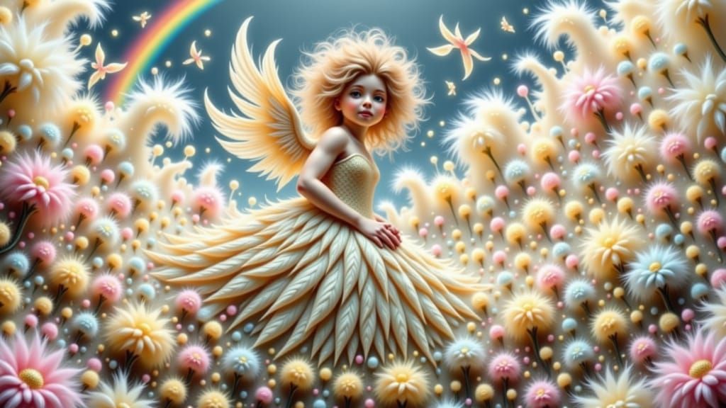 Whimsical Pastel Landscape with Fluffy Angel on Feathered Bo...