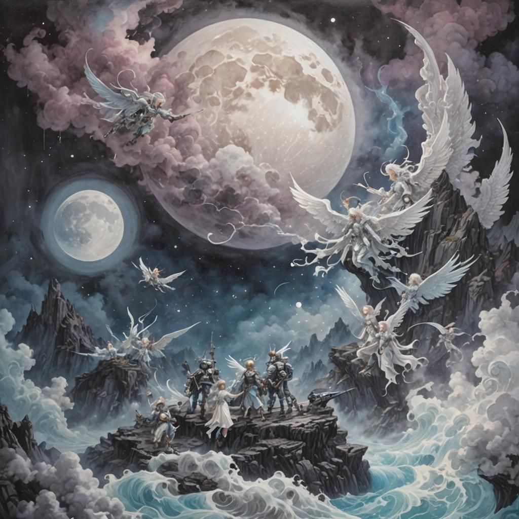 Ethereal Painting of Angels in Milk Rivers