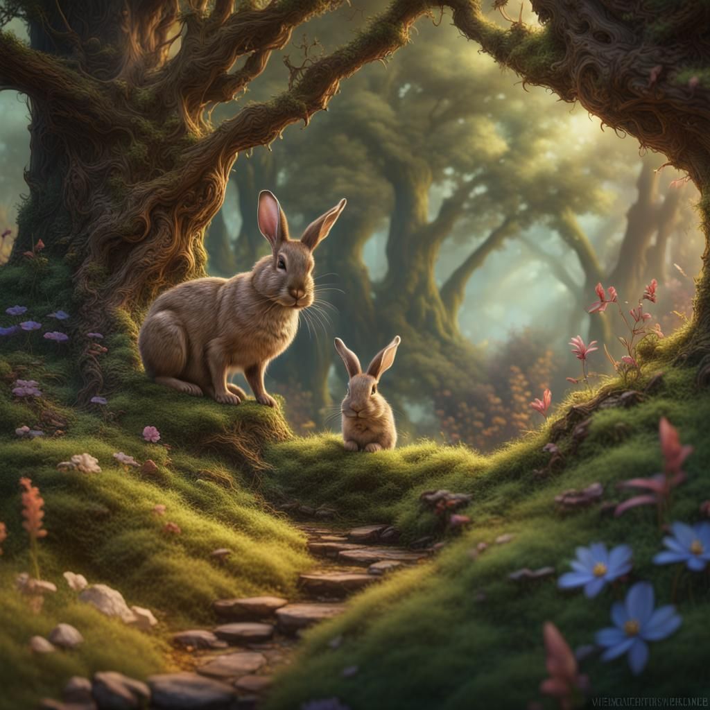 Woodland Bunny in Fairy Forest, Vintage Style