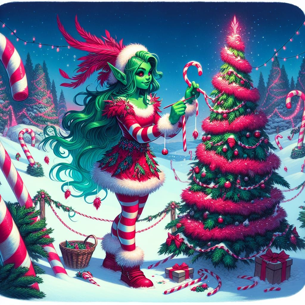 Festive Green Woman Decorating Pink Christmas Tree