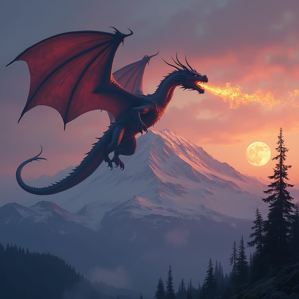 Majestic Dragon Soars Over Mt. Rainier at Twilight with Bloo...