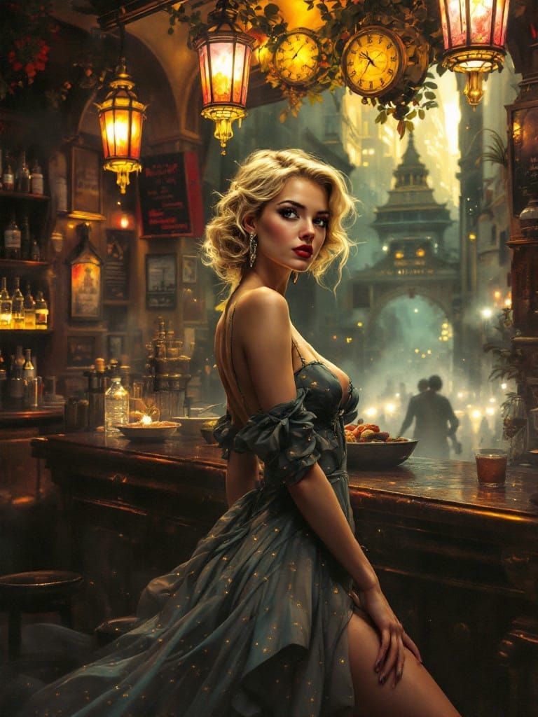 Golden Age Luminism Pin-Up in Spanish Tapas Bar