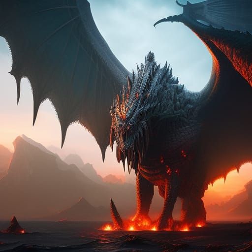 Three-Headed Sea Serpent in Dark Fantasy Landscape