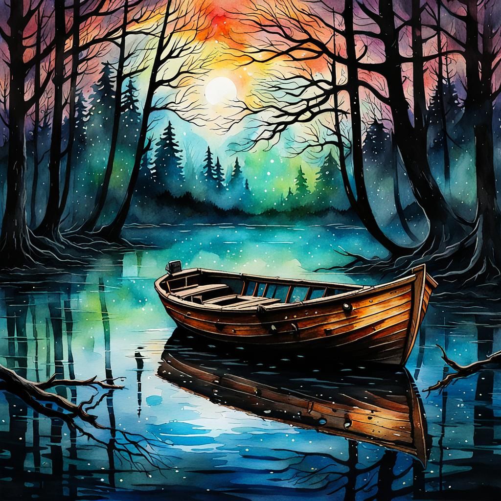 Eerie Boat on Dark Lake: Watercolor Ink-Splatter Art