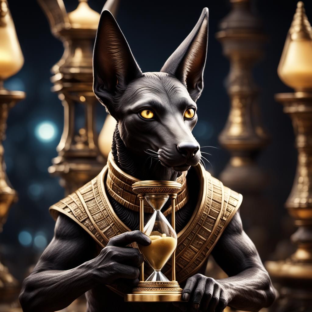 Siamese Anubis with Hourglass in Hyperrealistic Style