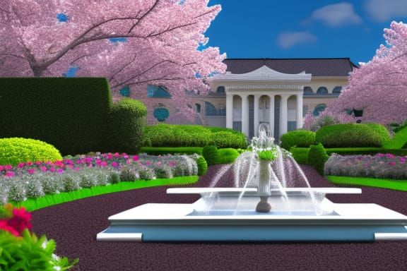 Elegant Mansion in Cherry Blossom Garden, 4K 3D