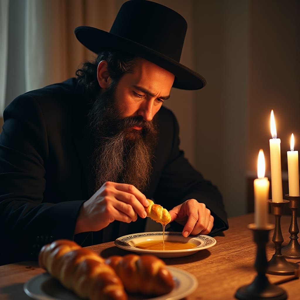 Hasidic Jew Dipping Challah in Honey, Modern Jewish Art
