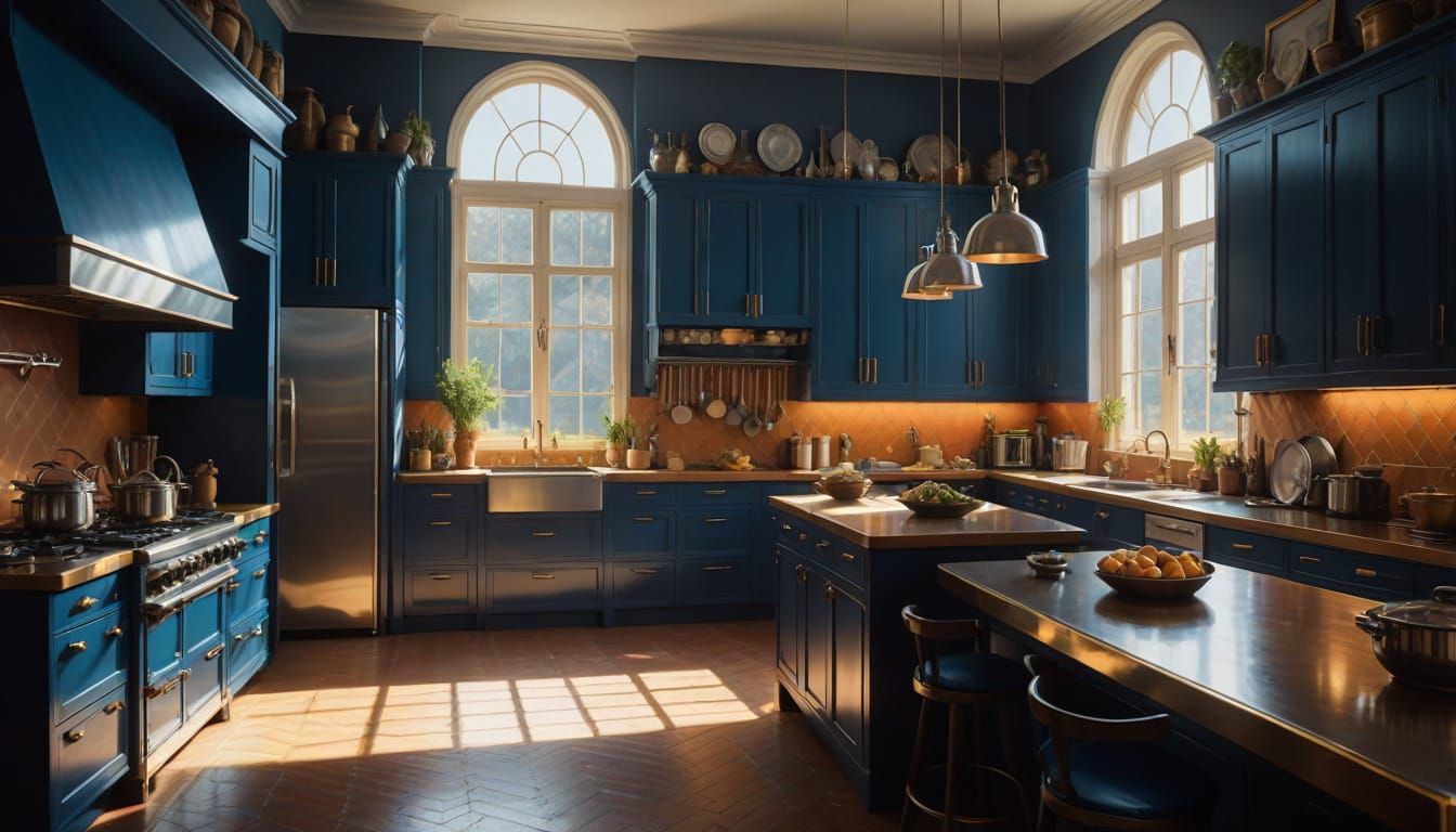 Vibrant Navy Blue Kitchen in Cinematic Digital Matte Paintin...