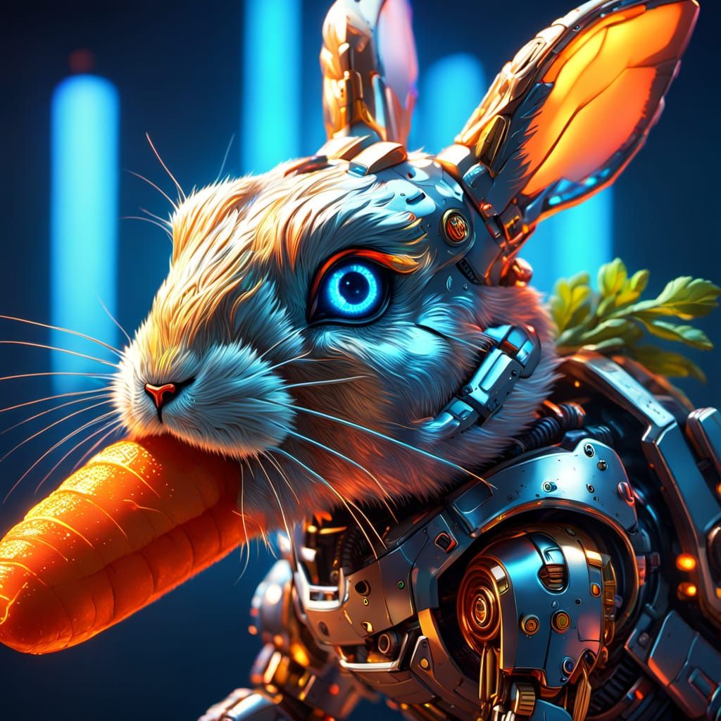 Robotic Rabbit Eating Carrot in Sci-Fi Style