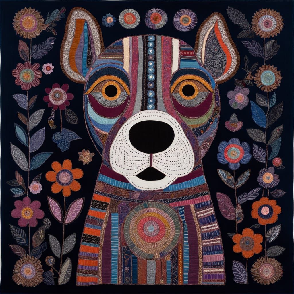 Whimsical Striped Dog in Collage Art Style