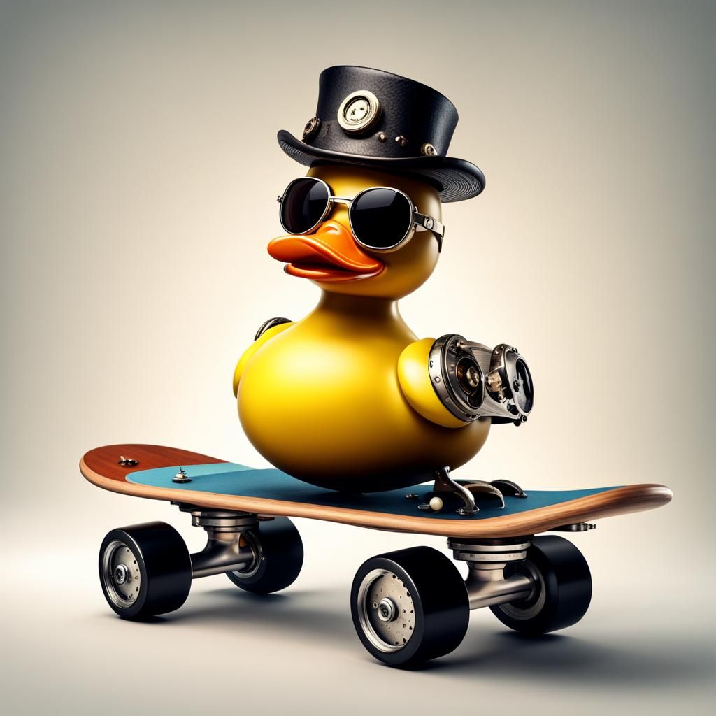 Steampunk Duck Rides Skateboard on Saturn