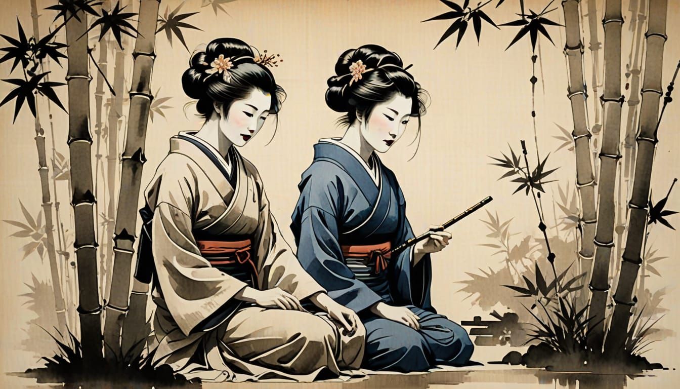 Geisha in Bamboo Garden: Sumi-e Ink Painting