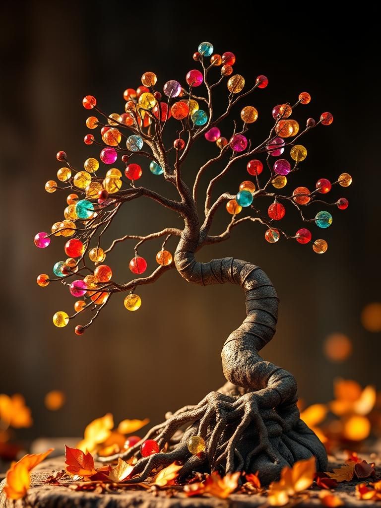 Gemstone Bonsai Tree in Dreamlike Watercolor Style