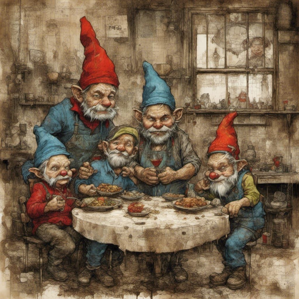 Gnome Family Dinner in Dark Grunge Style