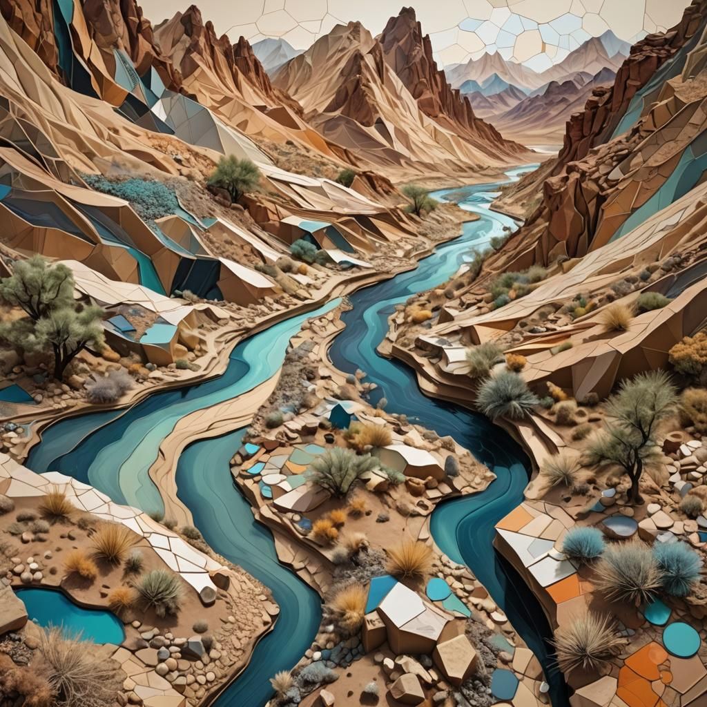 Futuristic Geometric Abstraction: Desert River Landscape