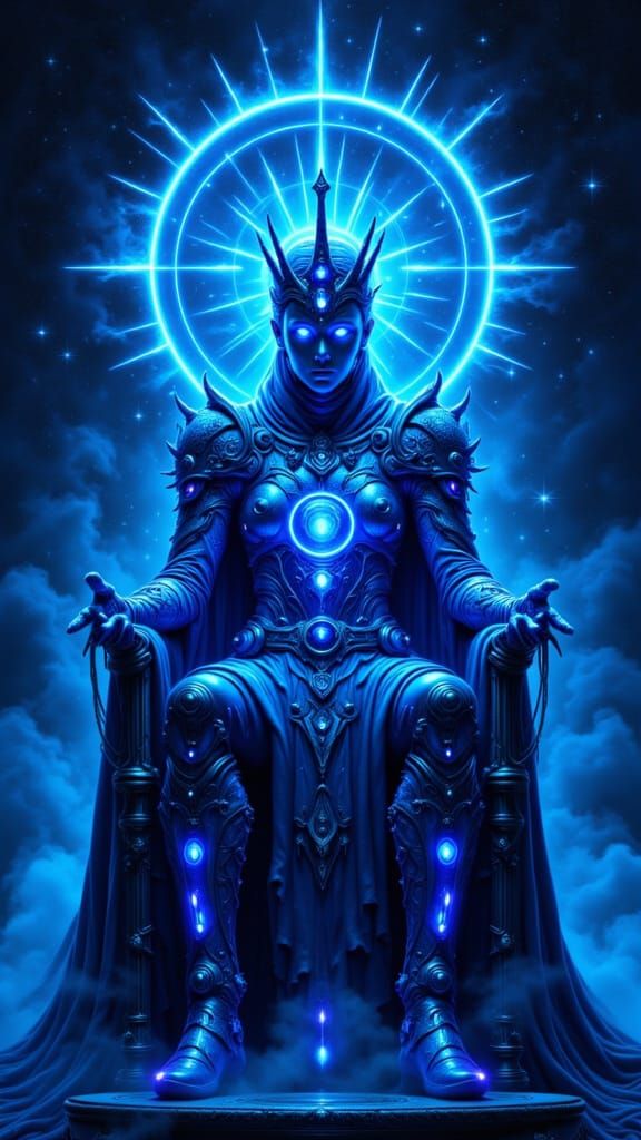 Cyberpunk Emperor in Neon Armor on Throne