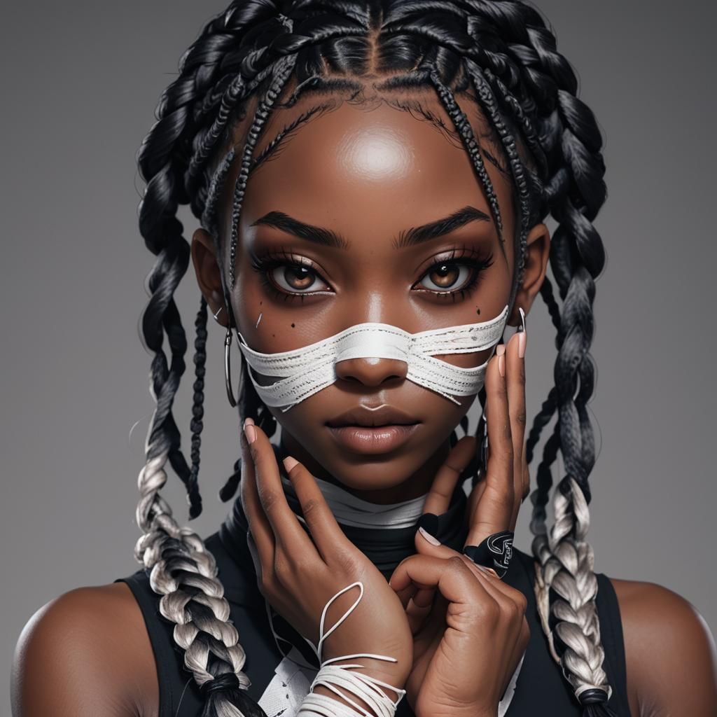 Anime Portrait of Girl with Braids and Bandages