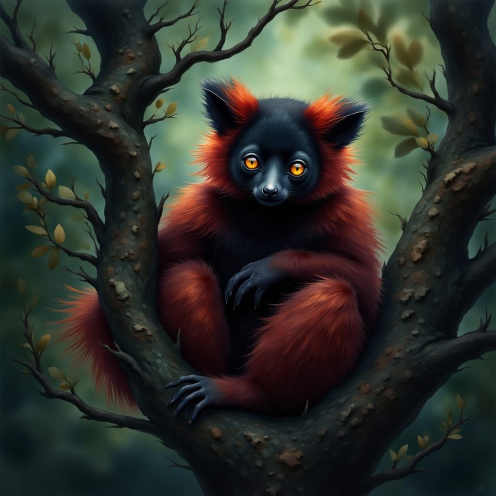 Red Lemur in Dark Green Tree, Watercolor Style