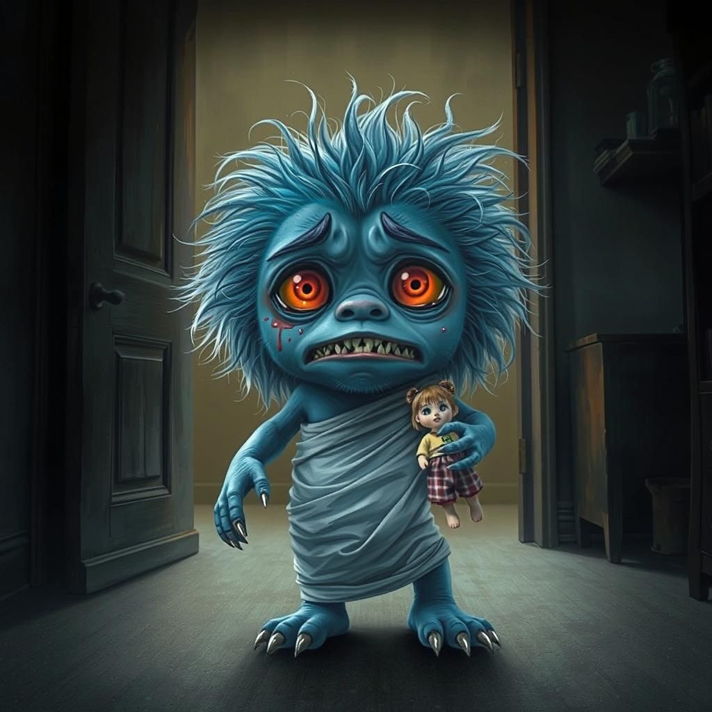 Scared Blue Monster Child Seeks Comfort