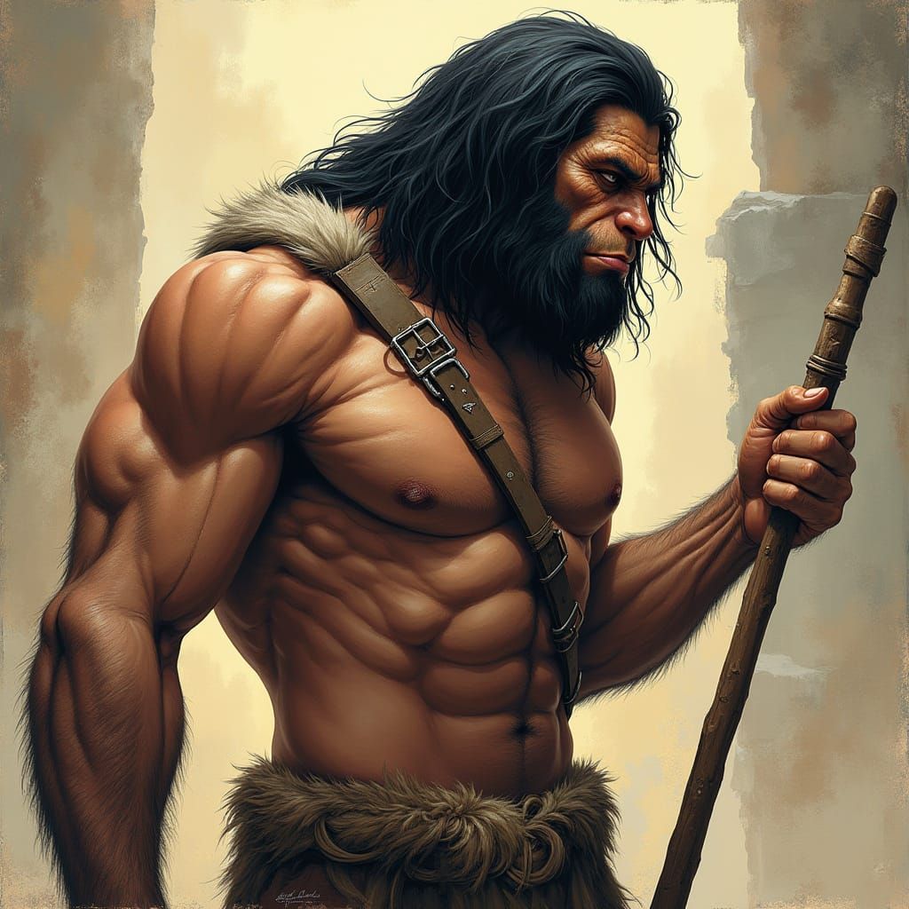 Heroic Neanderthal Man in Comic Book Art Style