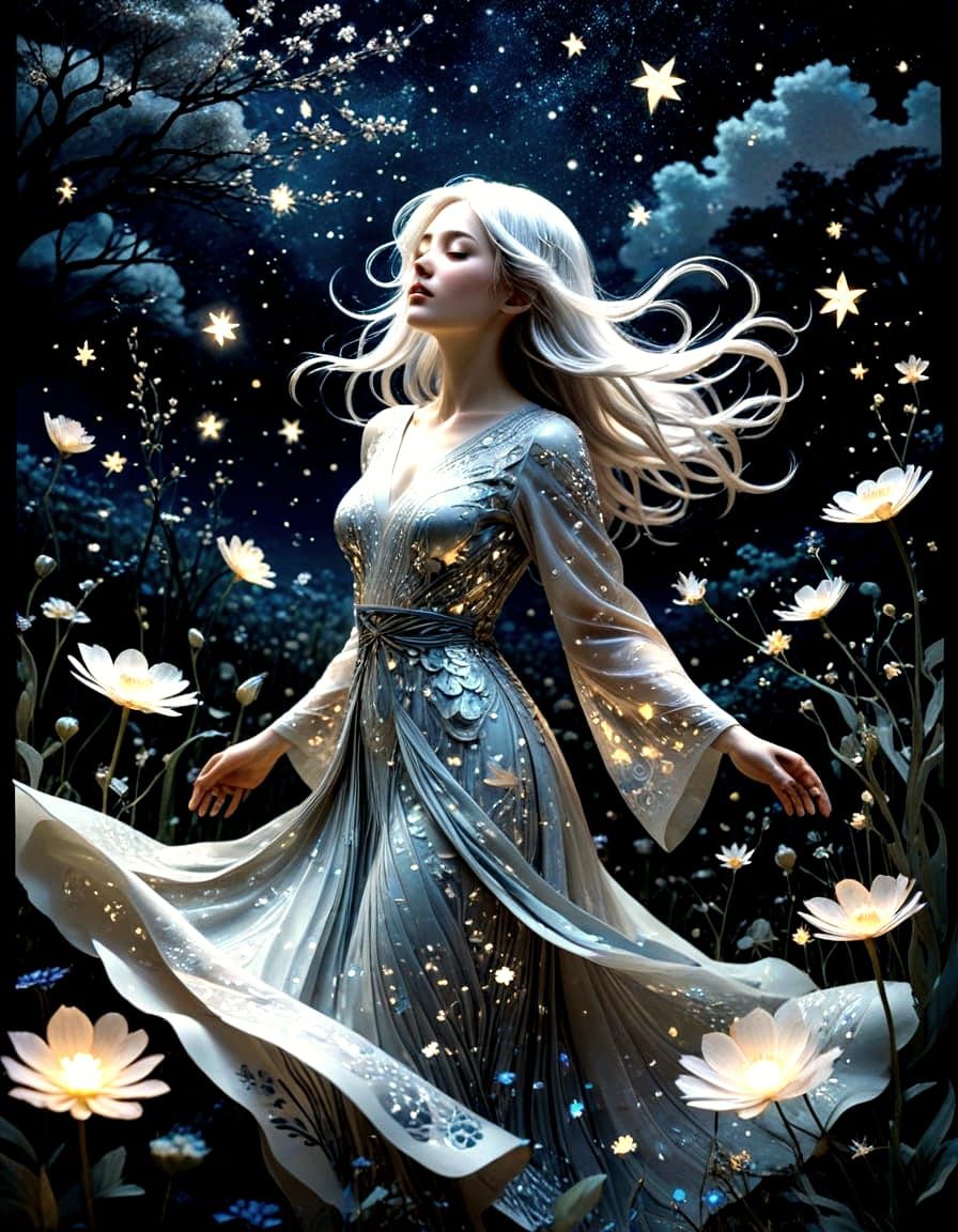 Ethereal Woman in Bioluminescent Field, Kirie Style