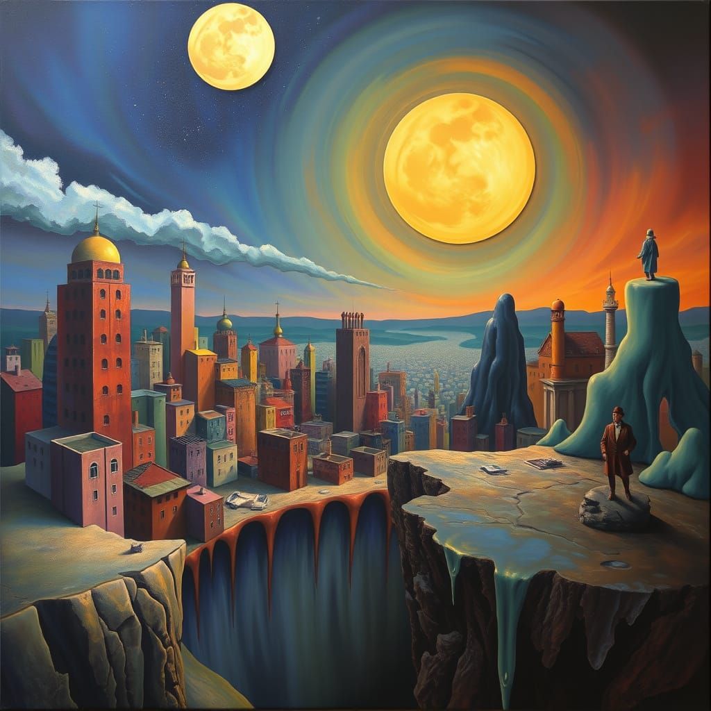 Surreal Melting Cityscape Under Two Moons