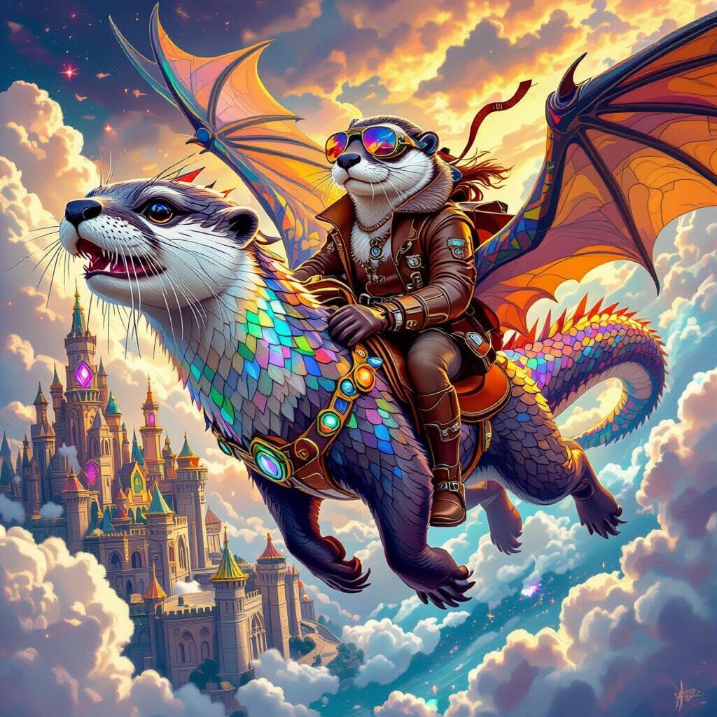 Otter Dragon Soaring Through Clouds in Fantasy Art