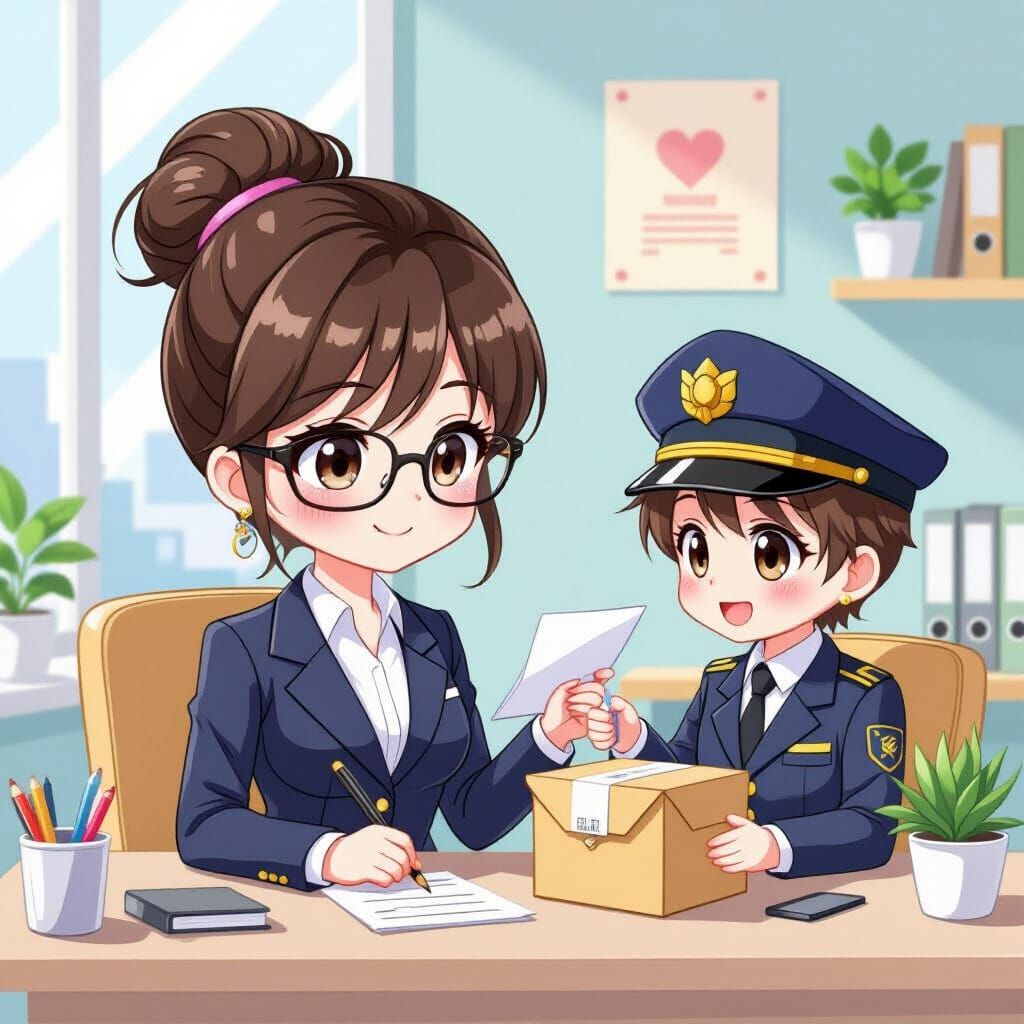 Chibi Secretary Receives Delivery in Manga Style