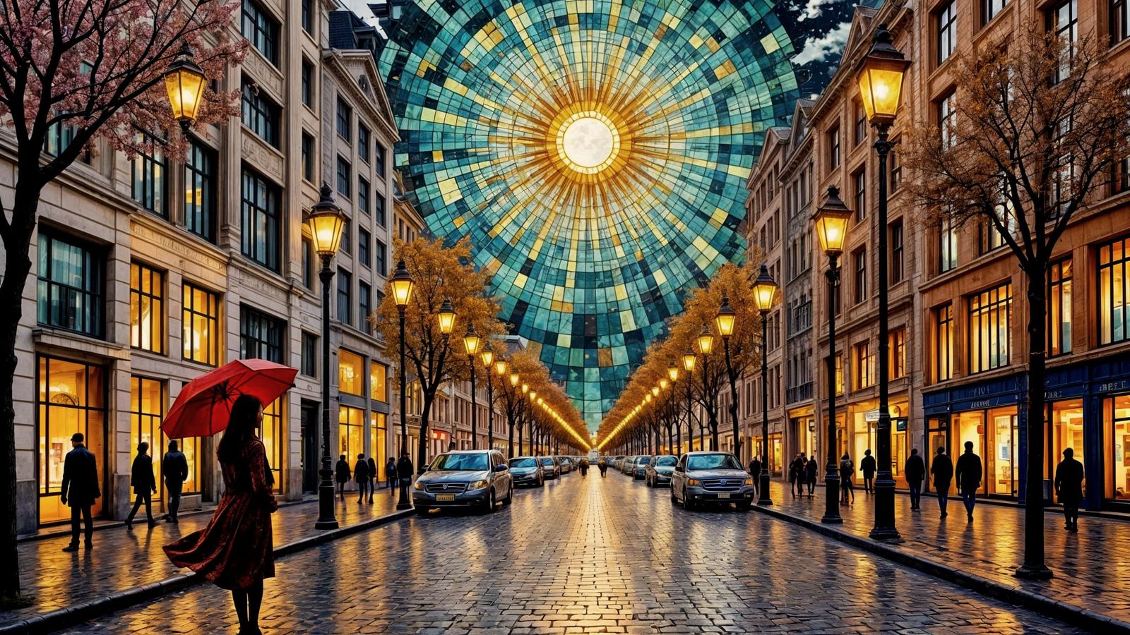 Art Nouveau City Street Stained Glass Art