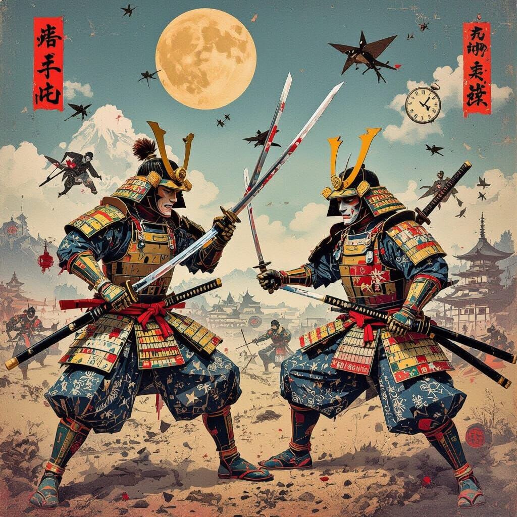 Surreal Dada Samurai Battle with Melting Katanas