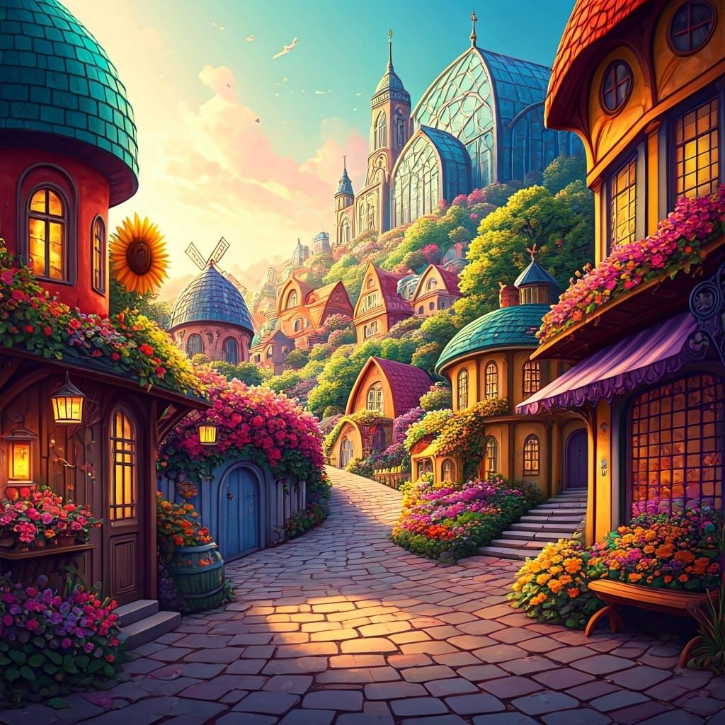 A whimsical hillside village where each house is painted in a different radiant hue—turquoise domes, coral towers, sunfl...