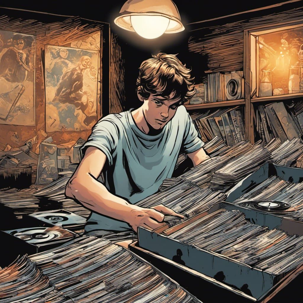 Boy Sorting Through Vintage Vinyl Records