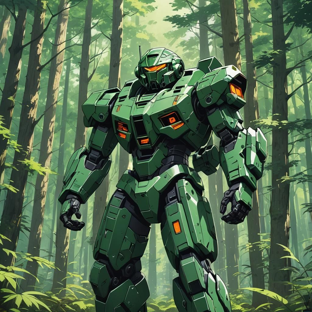 Green Jaeger Robot in Forest, Anime Manga Style
