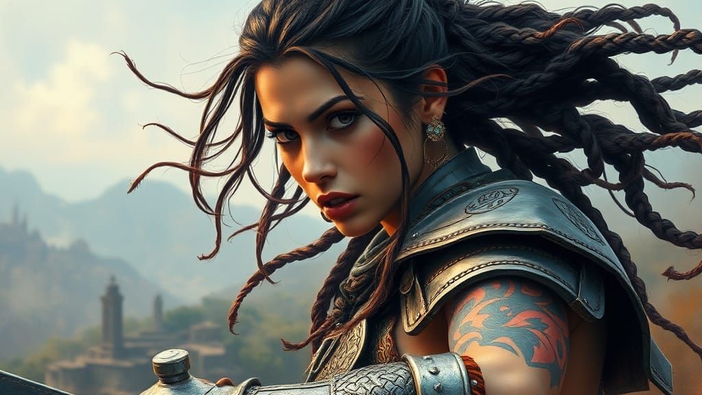 Latina Warrioress in Leather Armor, Surrealist Portrait